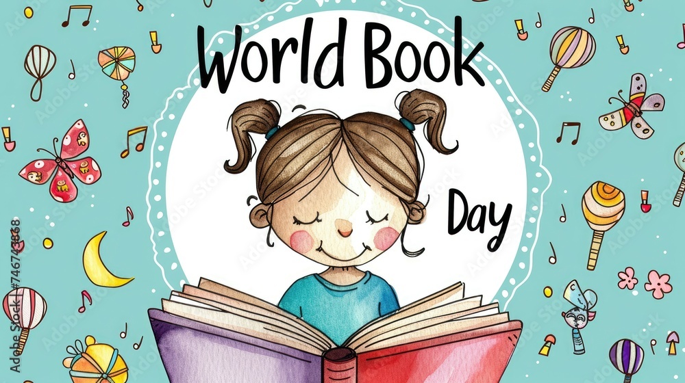 A content girl reading a book surrounded by whimsical doodles for World Book Day. A content girl reading a book surrounded by whimsical doodles for World Book Day.