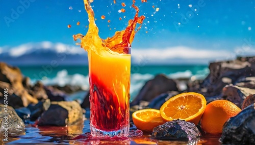 Orange juice battle with Red Juice Splashes Product shots juice particles glass of juice and fruit luscious fruit juice
