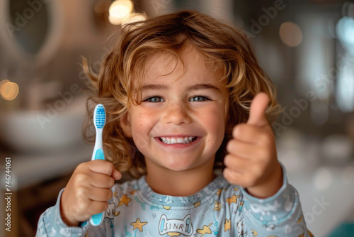 a child in pajamas in the bathroom, with a toothbrush in one hand and thumbs up for dental hygiene in the other