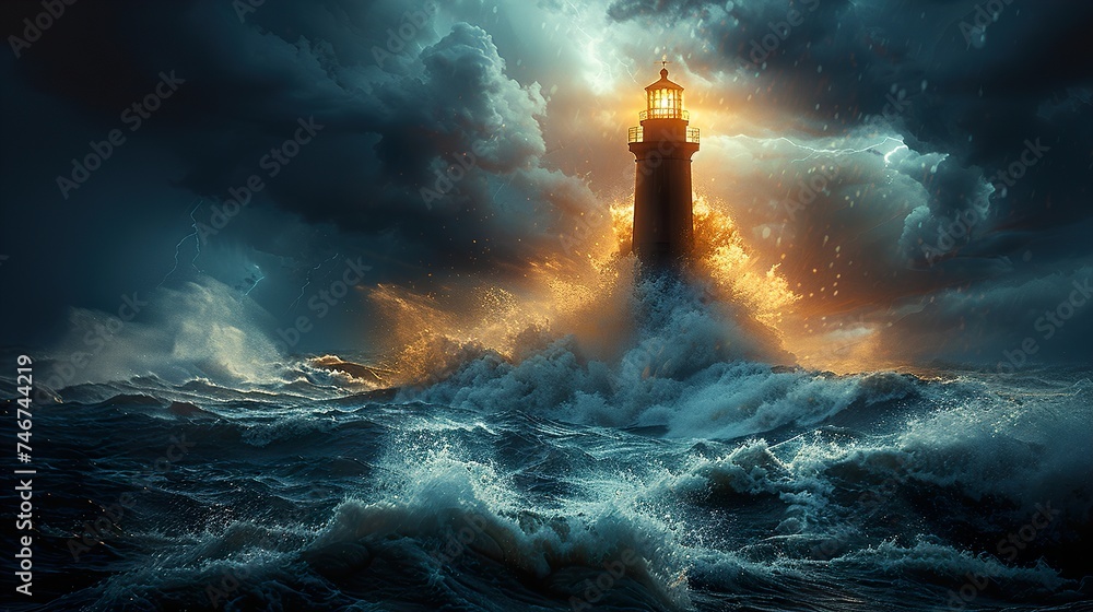Fototapeta premium A photograph capturing a lone lighthouse standing against a colossal blue wave. The sky and ocean blend into a surreal blue landscape. Ai generative