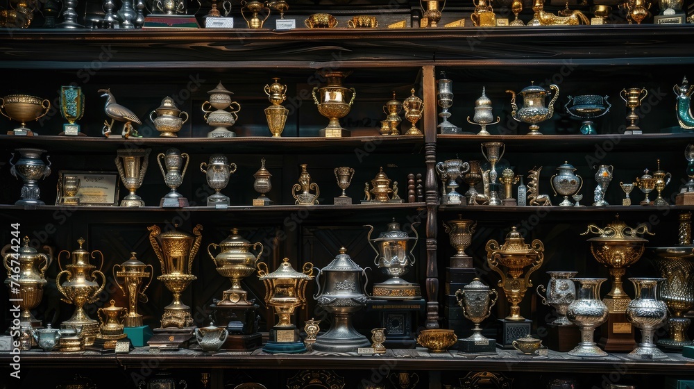 a shelf adorned with gleaming golden trophies, each representing a significant achievement and dedication. a shelf adorned with gleaming golden trophies, each representing a significant achievement and dedication.