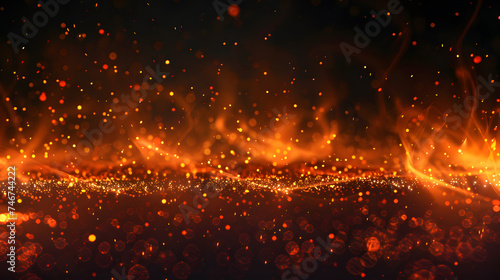 Abstract Glowing Fire Embers Scatter Across a Black Background, Creating a Mesmerizing Display of Sparkling Particles and Dark Glitter Lights