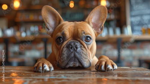 French bulldog in a coffee shop. Selective focus and shallow depth of field. © Katsiaryna