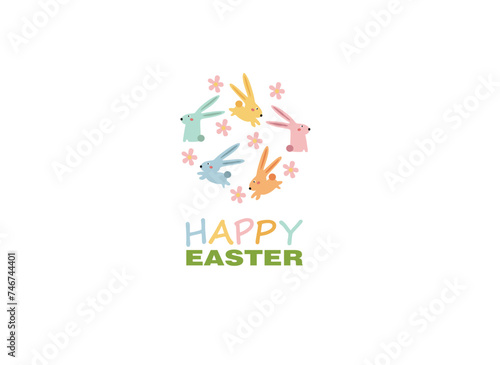 Happy Easter vector illustrations of bunnies, rabbits icons, decorated with flowers and eggs