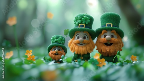 Three leprechauns with clover leaves in the forest  St. Patrick s Day