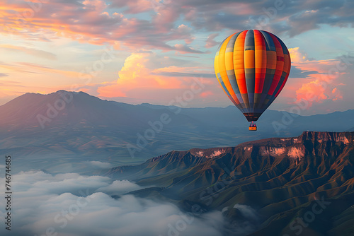 beautiful inspirational landscape with hot air balloon flying in the sky, travel destination