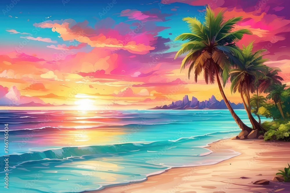 Obraz premium Vibrant Tropical Beach Sunset with Palm Trees and Colorful Sky