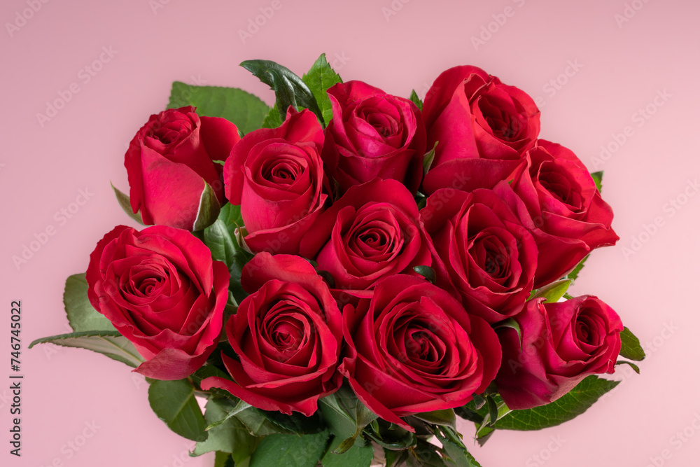 Obraz premium Bouquet of Red Roses on a Pink Background