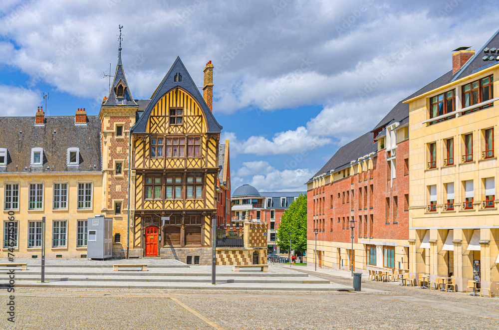 Obraz premium Maison du pelerin pilgrim house building on Place Notre Dame square in Amiens old historical city centre, France landmark, Picardy, Somme department, Hauts-de-France Region, Northern France