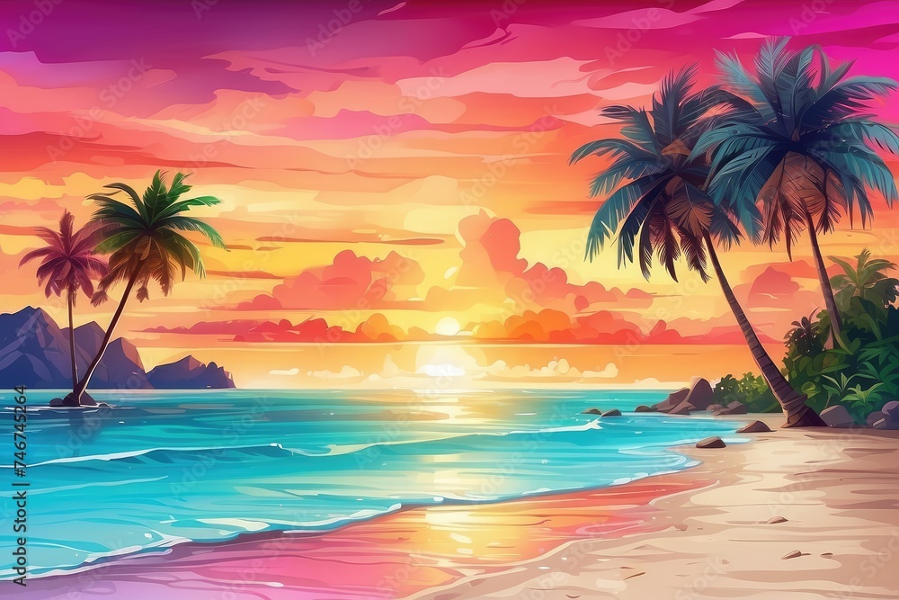 A vibrant summer background with a colorful sunset over a tropical beach, complete with palm trees and crystal clear water A vibrant summer background with a colorful sunset over a tropical beach, complete with palm trees and crystal clear water