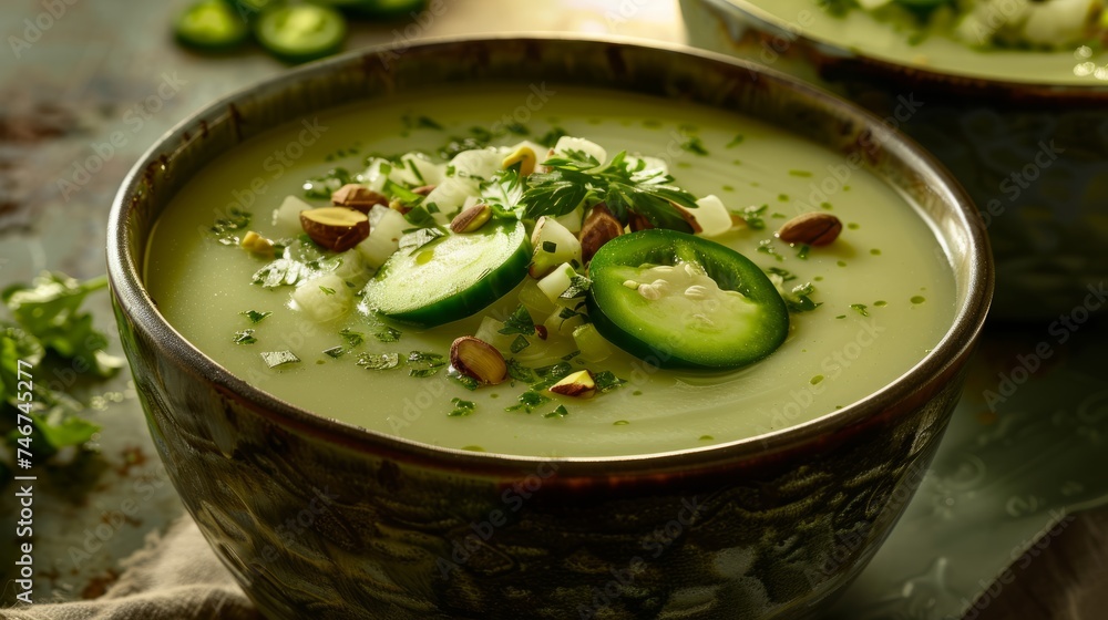 Chilled Chickpea Puree with Sliced Cucumber and Almonds