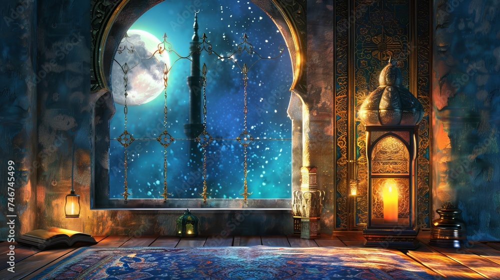 3D peaceful Islamic holiday banner featuring the themes of faith, celebration, and prayer. Moonlight slivers dancing through the mosque windows, illuminating the Quran and the candle