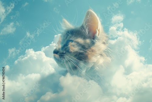 A playful kitten merged with the texture of soft, fluffy clouds drifting across a blue sky in a double exposure photo