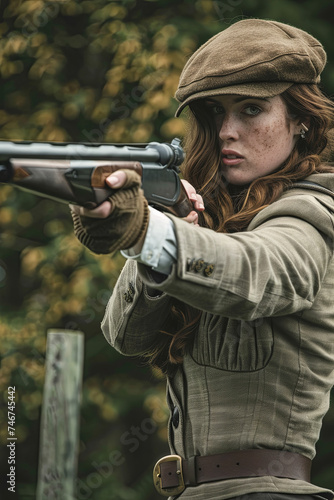 A female trap shooter read to shoot a clay pigeon