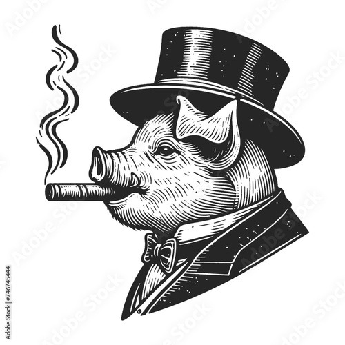 Elegant Pig in Top Hat Smoking Cigar vintage style illustration exuding an air of aristocracy. Sketch engraving generative ai vector illustration. Scratch board imitation. Black and white image.