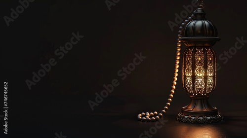 A black background features Islamic rosary beads set in a metallic Ramadan lamp. photo