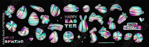 Happy Easter holographic foil stickers set. Trendy y2k holo spring elements collection for branding, packaging, prints, social media posts, poster design. Vector illustration on black background