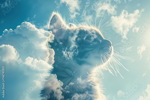 A playful kitten merged with the texture of soft, fluffy clouds drifting across a blue sky in a double exposure photo