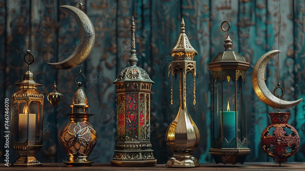 Islamic lantern fanoos and a metallic crescent moon are part of the 3D religious element collection. Ideal for decorating during Eid al Adha or Ramadan.