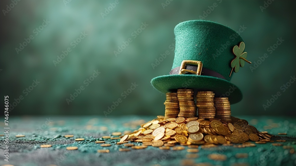 St. Patrick's Day background. St Patrick's Day hat with gold coins on green background. Holiday banner, web poster, flyer, stylish brochure, greeting card. Ai generative - obrazy, fototapety, plakaty 