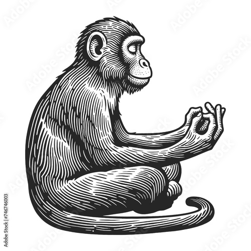 thoughtful meditating monkey in seated position sketch engraving generative ai vector illustration. Scratch board imitation. Black and white image.