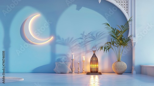 3D contemporary Islamic holiday banner, appropriate for Raya Hari, Eid al Adha, Mawlid, and Ramadan. a calm blue background with a lit lantern and a crescent moon decoration. photo