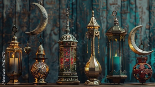 Islamic lantern fanoos and a metallic crescent moon are part of the 3D religious element collection. Ideal for decorating during Eid al Adha or Ramadan.