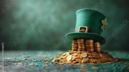St. Patrick's Day background. St Patrick's Day hat with gold coins on green background. Holiday banner, web poster, flyer, stylish brochure, greeting card. Ai generative
