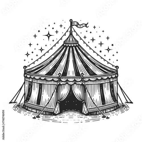 Circus tent sketch line art engraving generative ai vector illustration. Scratch board imitation. Black and white image.