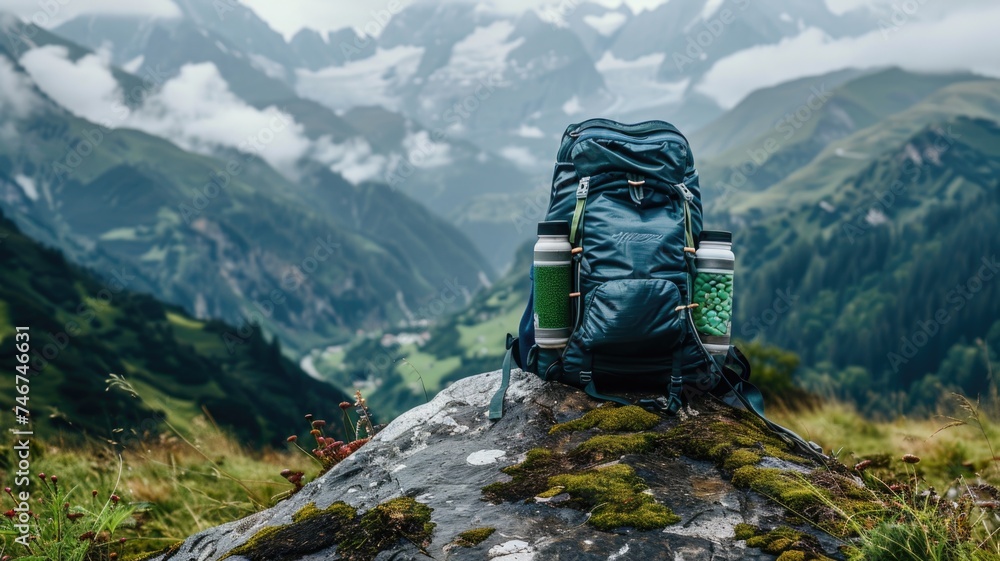 hiker's backpack equipped with a thermos, poised on a rocky outcrop, offers a stunning view of the lush mountain valley below, capturing the essence of adventure travel. - obrazy, fototapety, plakaty 