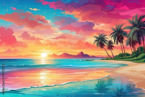 A vibrant summer background with a colorful sunset over a tropical beach, complete with palm trees and crystal clear water © Shoraoddi_Hossain