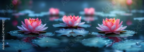 tranquil water lily pond with vibrant lotus flowers serene nature scene reflection