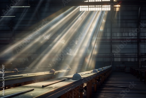 Inside a vast, quiet factory, a single beam of sunlight pierces through a high window, illuminating an empty assembly line where a series of worker helmets sit atop each workstation