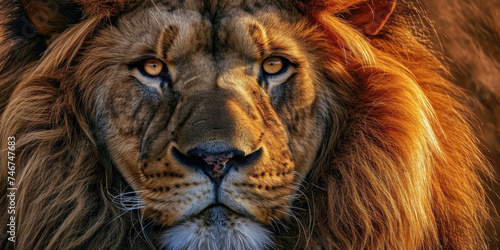 Direct stare of a lion with a fiery mane, a captivating image of the king of the jungle.