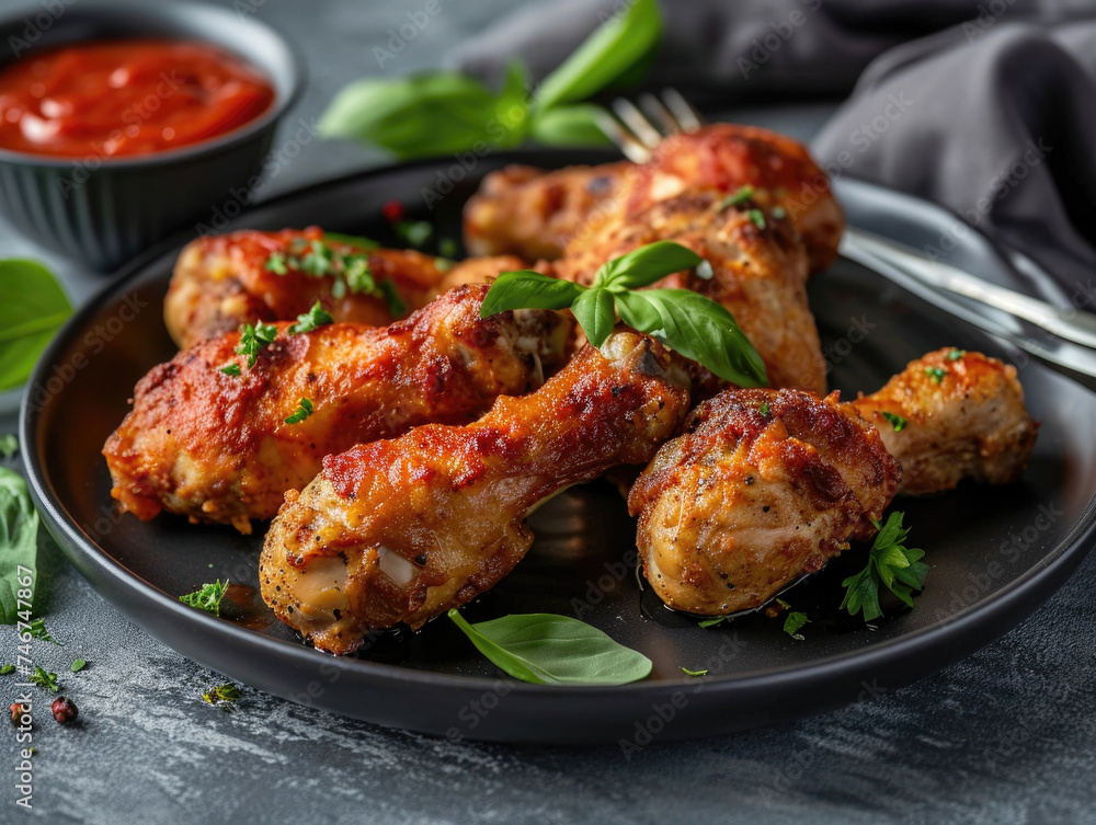 Herb-seasoned chicken drumsticks on a black plate with basil garnish, served with a side of rich tomato sauce, embodying classic comfort food. Herb-seasoned chicken drumsticks on a black plate with basil garnish, served with a side of rich tomato sauce, embodying classic comfort food.