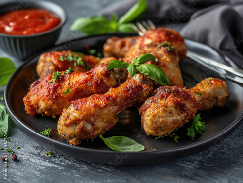 Herb-seasoned chicken drumsticks on a black plate with basil garnish, served with a side of rich tomato sauce, embodying classic comfort food.
