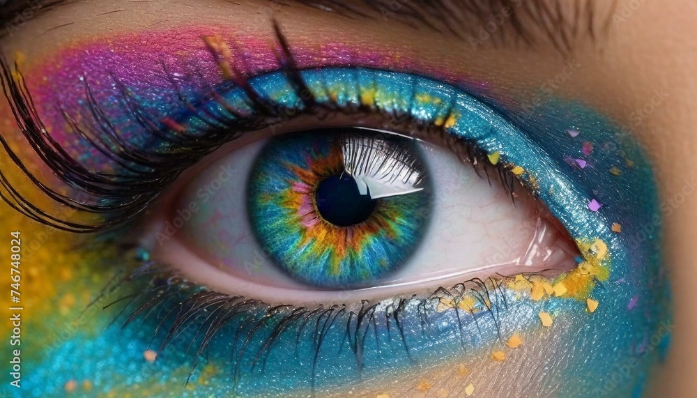 Obraz premium Eye of Artistry: Close-Up of Person's Eye with Colorful Makeup