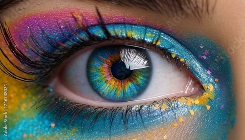 Eye of Artistry: Close-Up of Person's Eye with Colorful Makeup