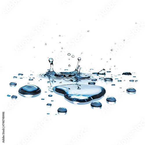 Water spill puddle and droplets on floor on white or transparent background