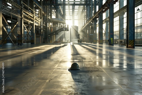 The interior of an empty factory, bathed in the ethereal light of dawn, with long shadows stretching across the floor.