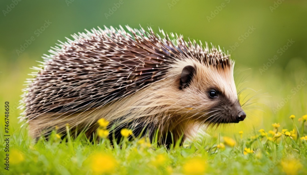 a close up of a hedgehog walking in a field of grass and flowers with yellow flowers in the background. a close up of a hedgehog walking in a field of grass and flowers with yellow flowers in the background.