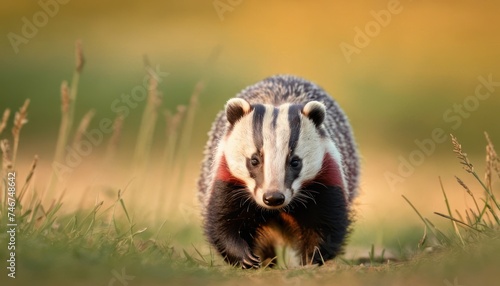 a badger is walking through the grass in front of a blurry background of tall grass and a blurry background of tall grass. © Mikus