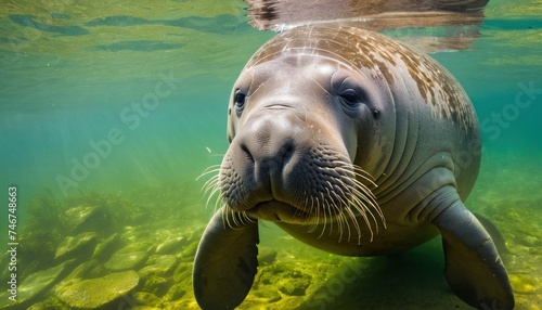 a close up of a seal in the water with its head above the water's surface, looking at the camera.