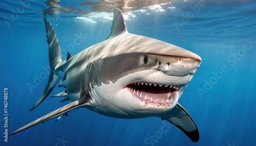 a great white shark with it's mouth open and it's mouth wide open in the blue water. photo