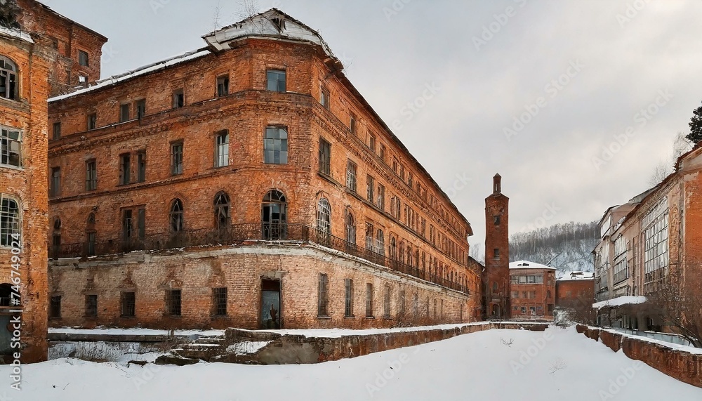 Vintage Charm: Snow-Covered Old Factory Buildings with Warehouse Architecture and Brick Walls