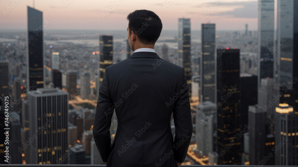 Fototapeta premium Businessman in a business suit looks at the city. City landscape