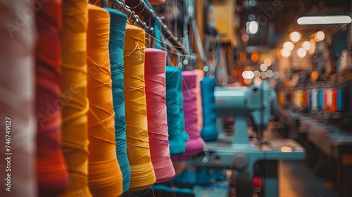 Long rows of vibrant, colorful threads on spools in a textile factory, showcasing industrial fabric production.