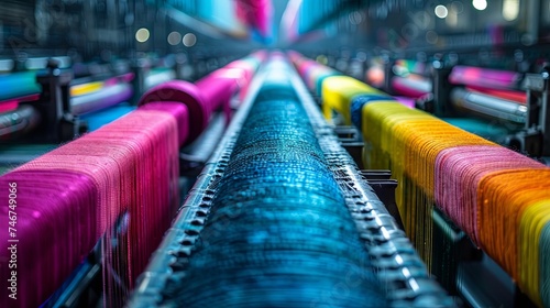 Long rows of vibrant, colorful threads on spools in a textile factory, showcasing industrial fabric production. photo