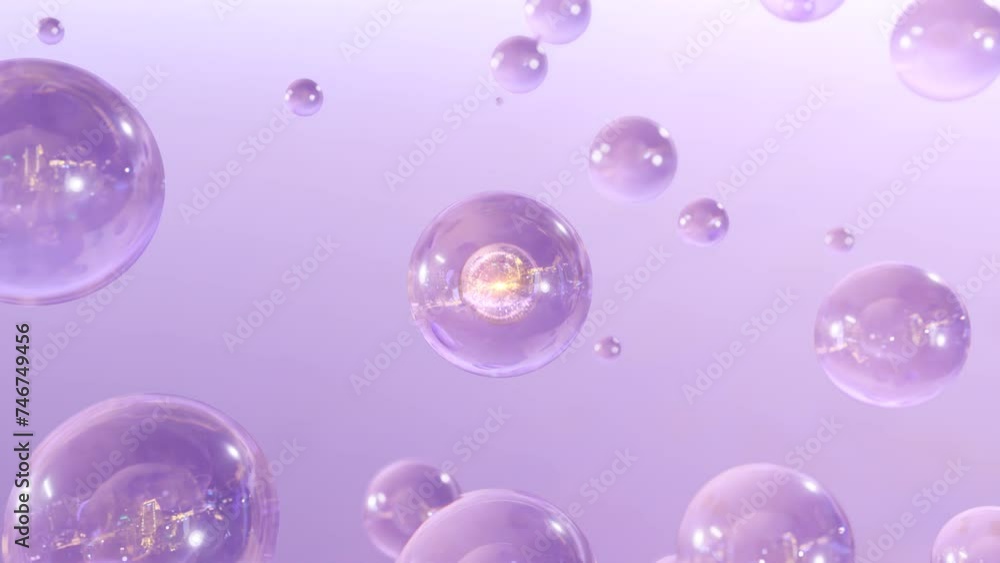 A macro shot demonstrates numerous rising water bubbles against a bright background. Moisturize bubble blobs with beauty gloss in super motion. 3D cosmetic serum animation A macro shot demonstrates numerous rising water bubbles against a bright background. Moisturize bubble blobs with beauty gloss in super motion. 3D cosmetic serum animation