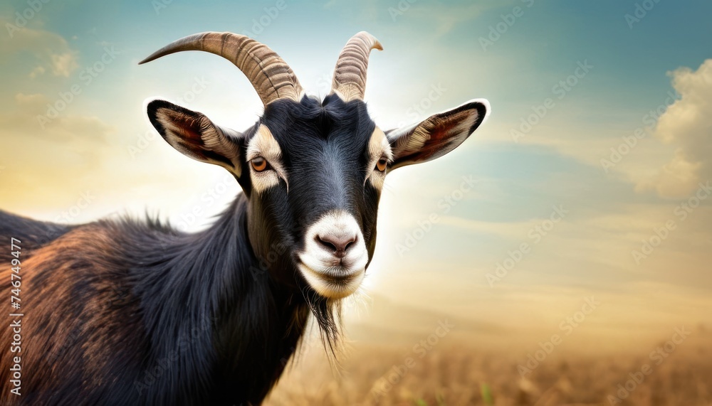 a close up of a goat in a field with a blue sky in the background and clouds in the background.